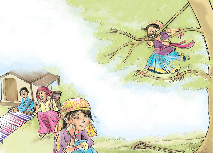A girl crying due to her family and later standing on a tree branch