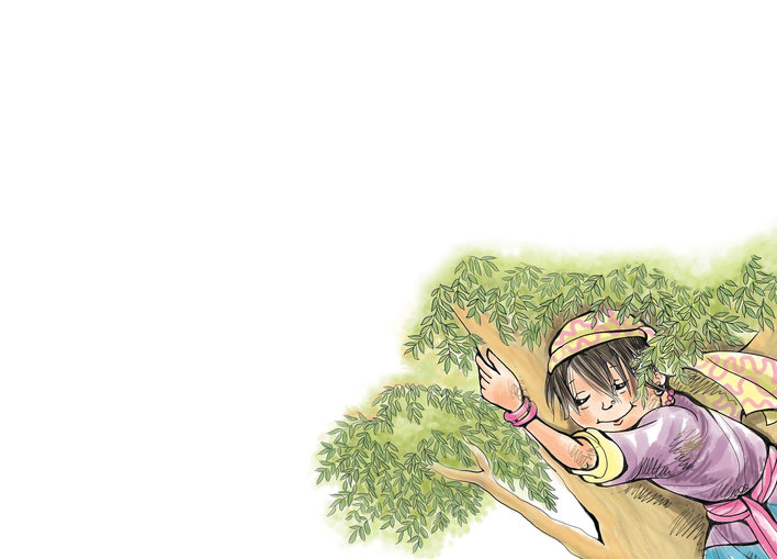 Girl hugging a tree branch and smiling