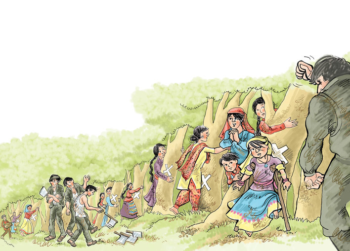 Villagers hugging trees of the forest with uniformed men giving up their axes