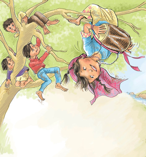 A girl hanging upside down from a tree with her friends