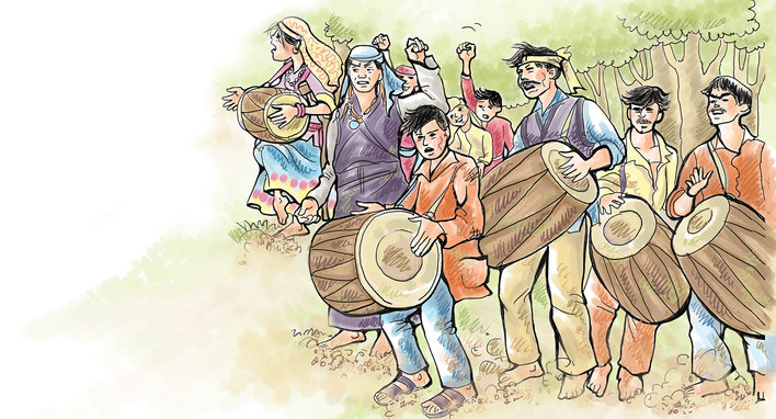 Passionate group of villagers singing and playing on drums