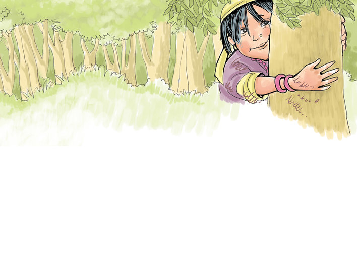 Girl hugging a tree in a forest