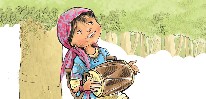 Girl on crutches playing the dholak and dancing