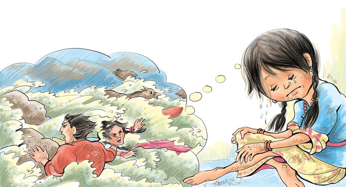 A girl crying while thinking about two people who have drowned in the river