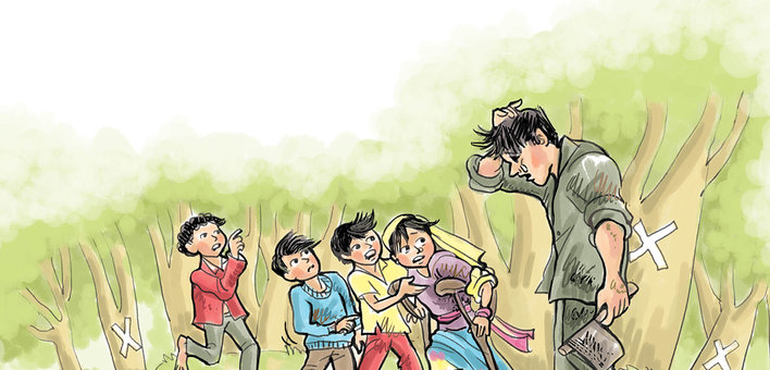 A bunch of children scared of a man holding an axe and crying