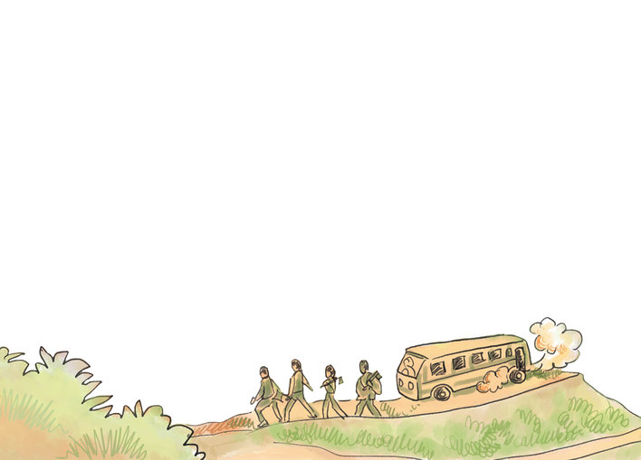 Soldiers walking on the road with a bus coming behind them