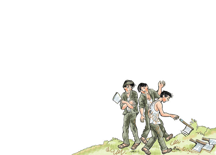 Men throwing away their axes on the ground