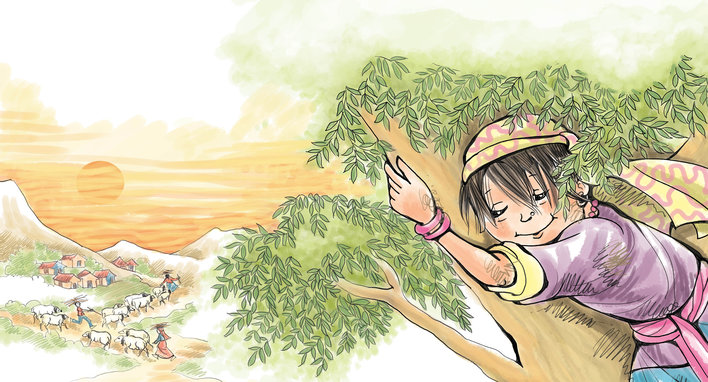 Girl hugging a tree branch with her village in the backdrop