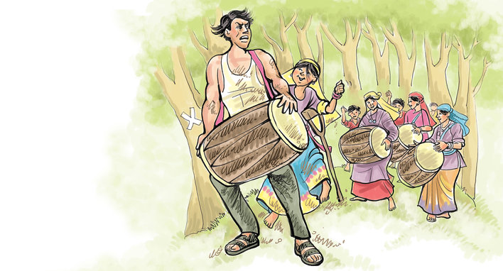 Man playing a dholak passionately with children and women joining him