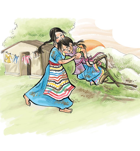A girl on crutches throwing herself on a woman