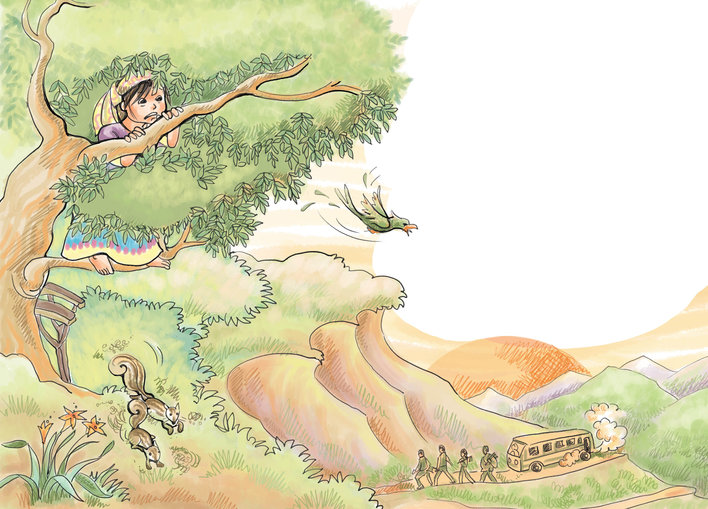 Girl on top of a tree looking at soldiers walking on the road fearfully