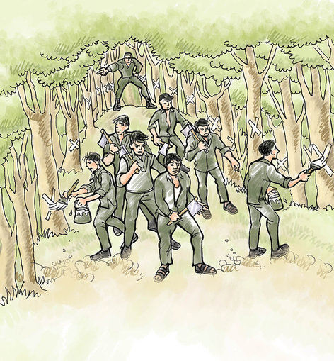 Men in uniforms wielding axes and marking trees to be cut