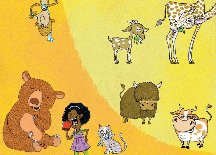 Monkey bear girl cat giraffe goat yak cow