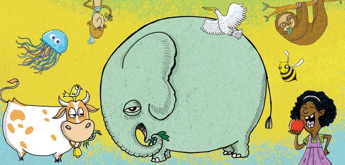 Elephant surrounded by animals against yellow background