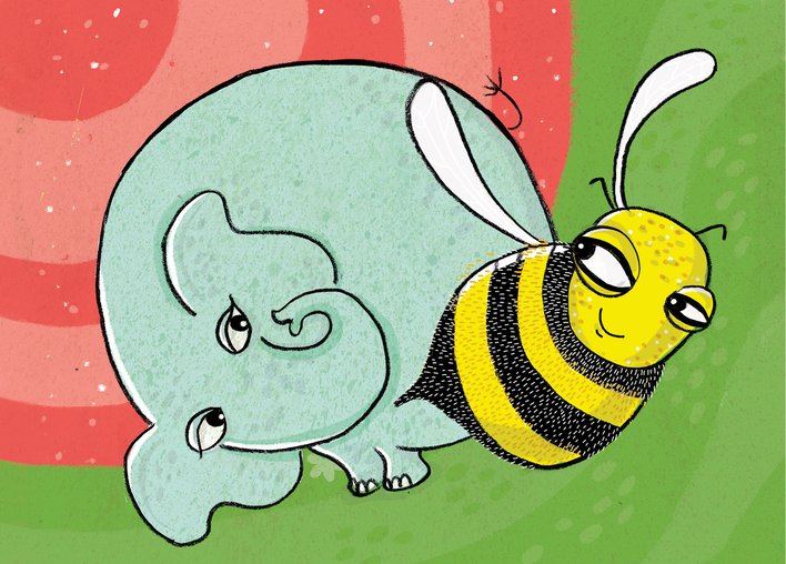 Elephant and bee against red and green background