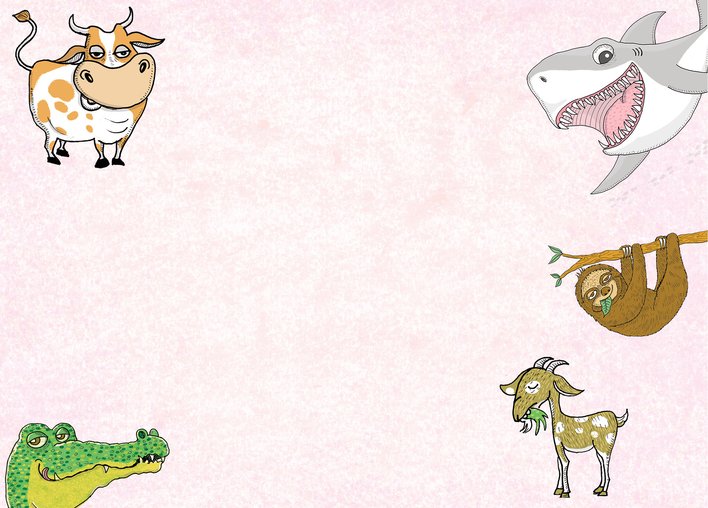 Cow shark sloth goat crocodile against pink background