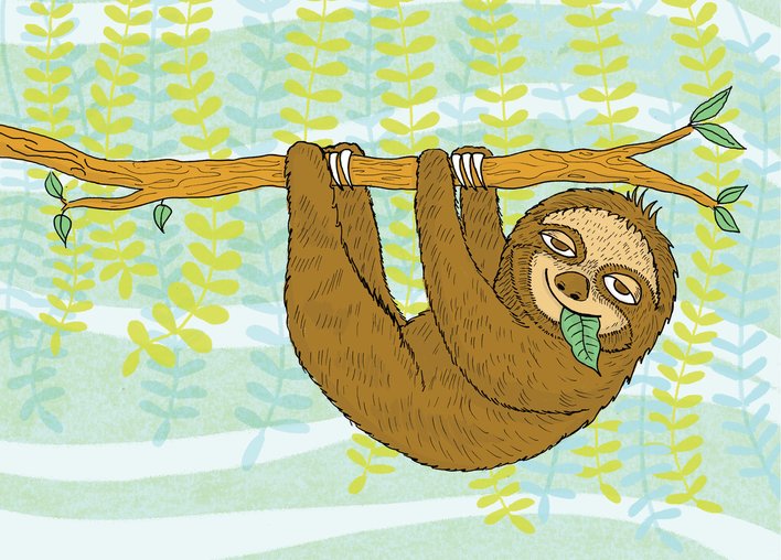 Sloth hanging from branch with leaves