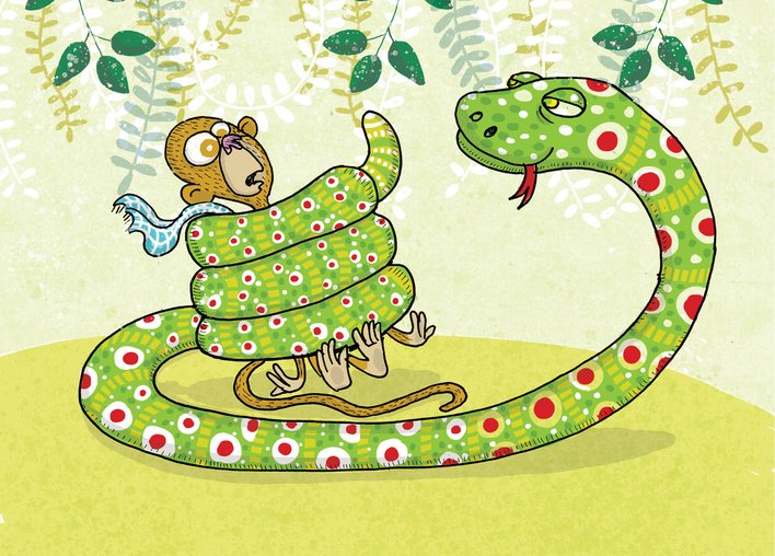 Boa constrictor coiled around a monkey against yellow background