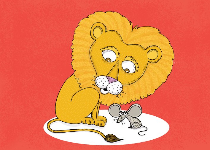 Lion and mouse against red background