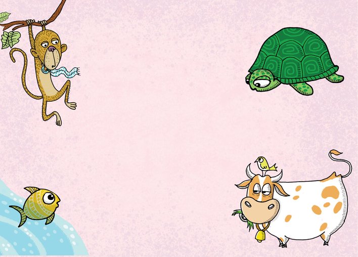Monkey turtle fish cow against pink background