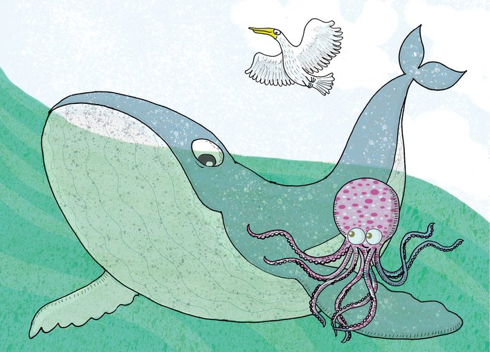 Whale and octopus in sea with bird flying above
