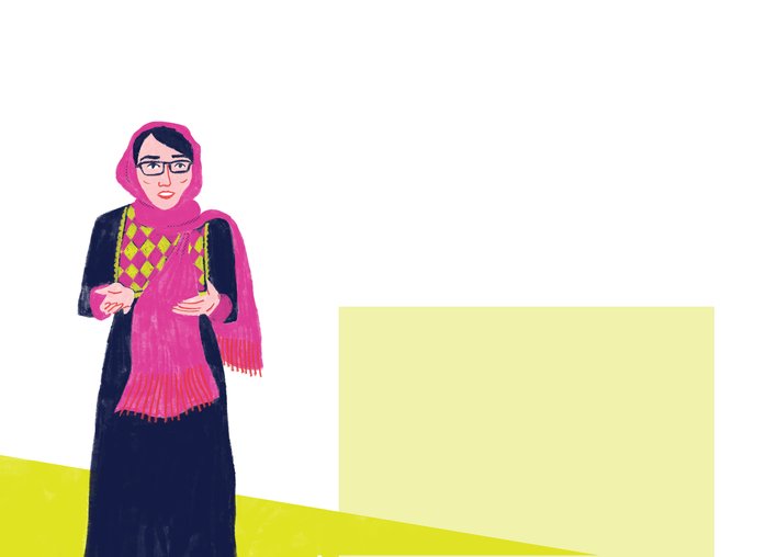 Woman in pink scarf talking