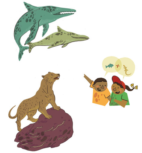 Ichthyosaurs, bear dog and children
