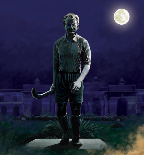 Dhyan Chand's statue at night in front of National Stadium in Delhi