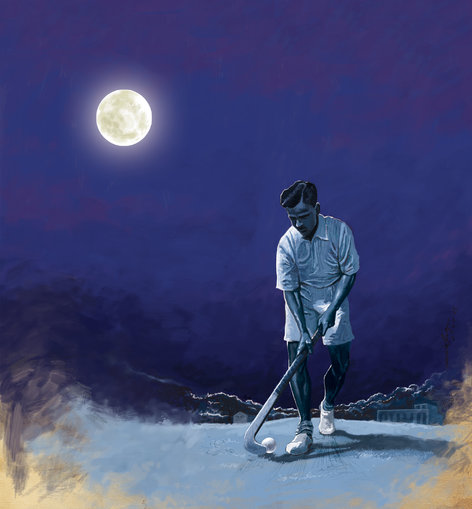 A man playing hockey alone on a full moon night