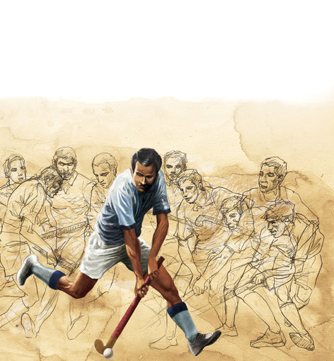 A man playing hockey with his team