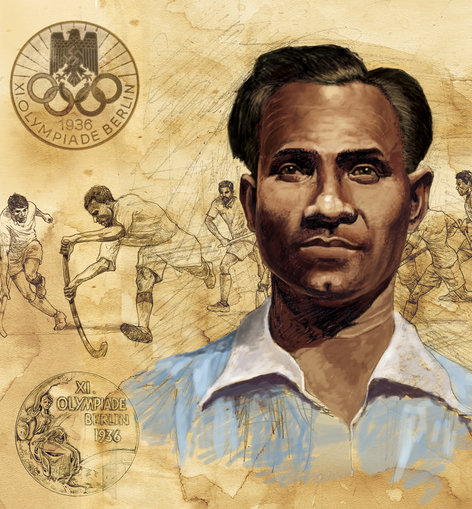 Dhyan Chand playing hockey in the Olympics
