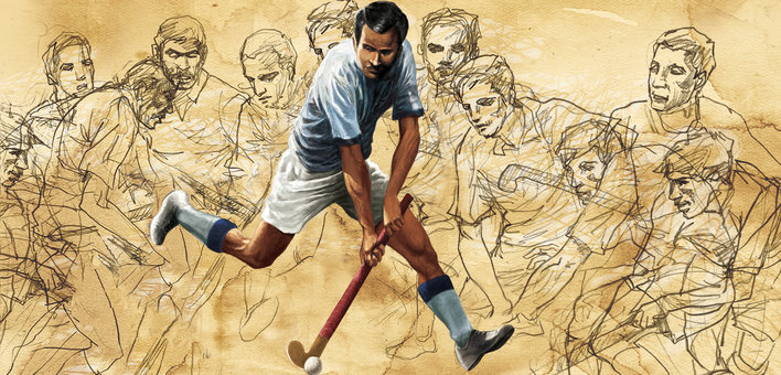 A hockey match with captain Dhyan Chand in the middle