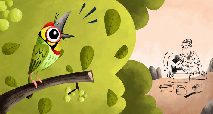 Coppersmith barbet and man striking metal with hammer