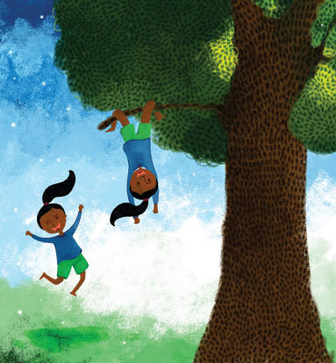 A girl skipping, hanging from a tree