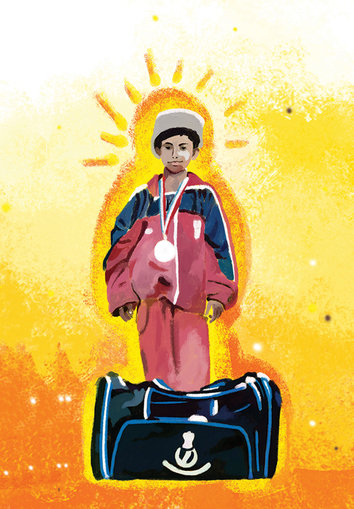 Girl with medal and kit bag