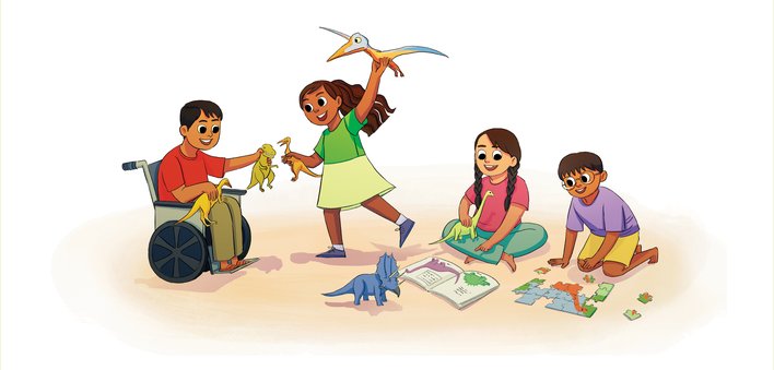 Children playing with dinosaur toys