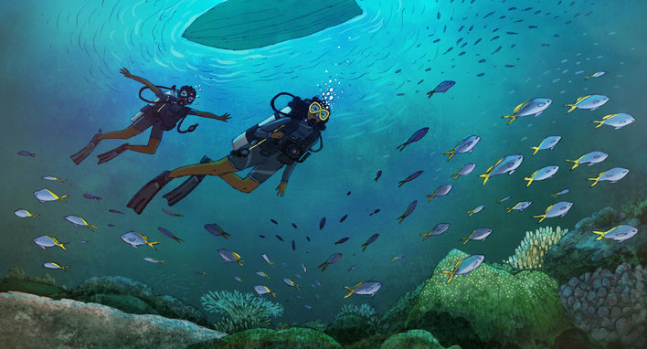 Explorers see a school of yellowback fusiliers underwater