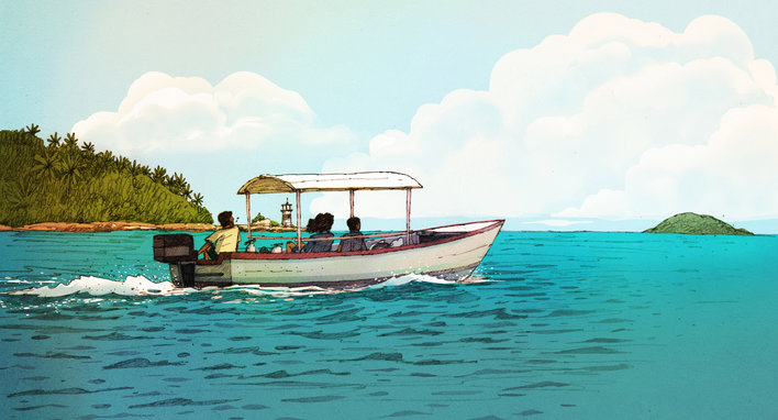 Explorers in a boat, heading out for a dive