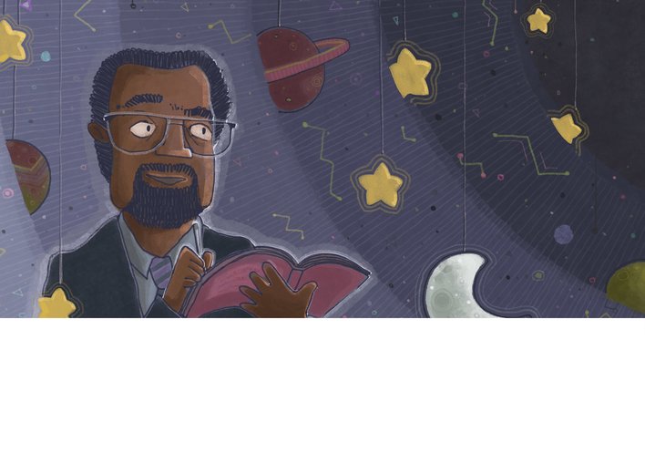 A man reading a book surrounded by stars