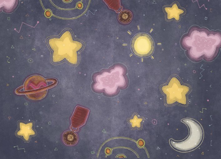 A purple full backdrop with medals, atoms and stars