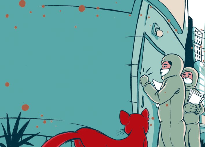 Two people in masks and hazmat suits at a door