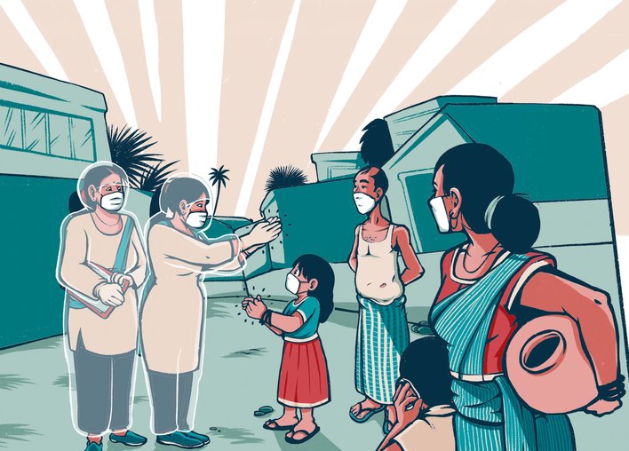 health workers talking to people
