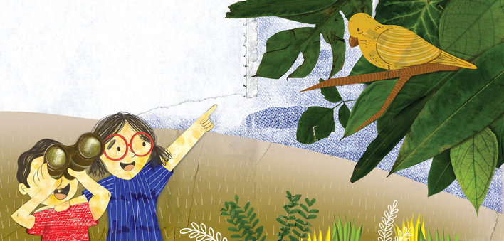 A girl pointing a bird out to a boy