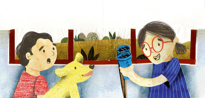 A boy, girl and a dog by a window