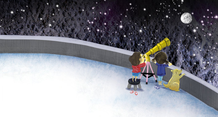 A boy and girl looking through a telescope