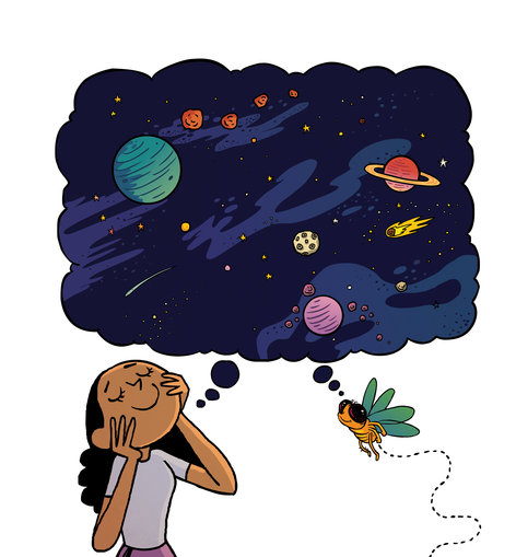 Woman and fruit fly dreaming about space