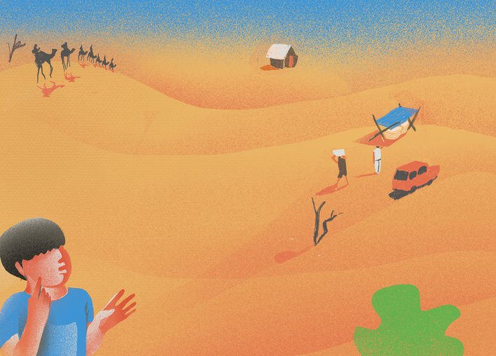 Boy in the desert thinking and counting