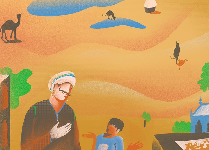Boy and his uncle standing in the desert and talking
