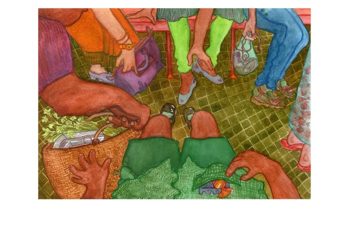 A view of passengers' feet in a crowded train