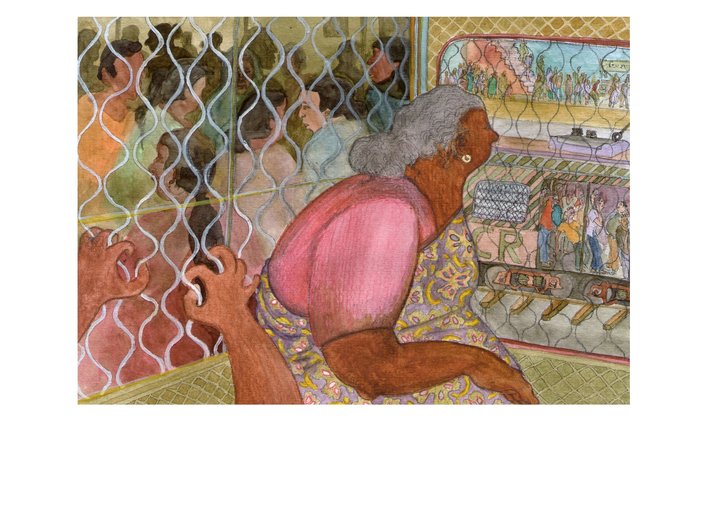 an old lady in a train compartment
